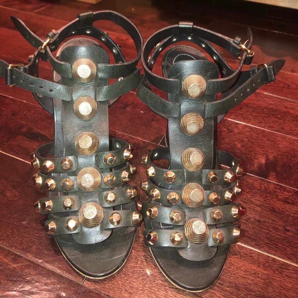 BALENCIAGA Arena Giant Studded Caged Gladiator Wedges Dark Green Leather